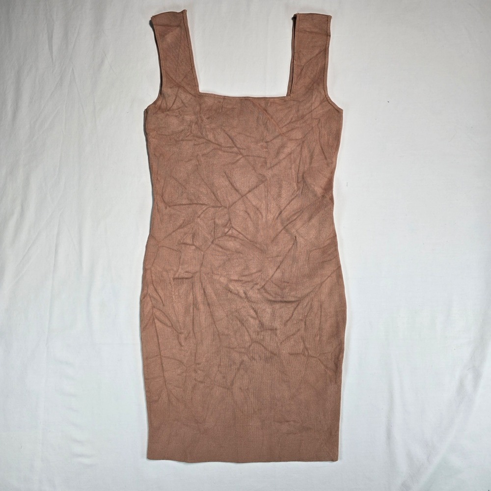 Zara Knit Mini Dress Tan Nude Square Neck Sleeveless Bodycon Ribbed Small